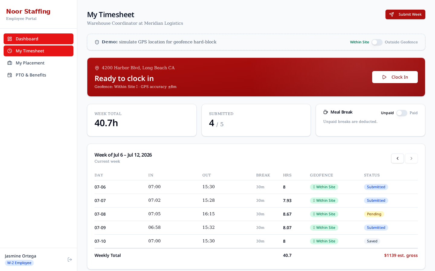 Employee timesheet — punch clock with geofence status and adjustment flow