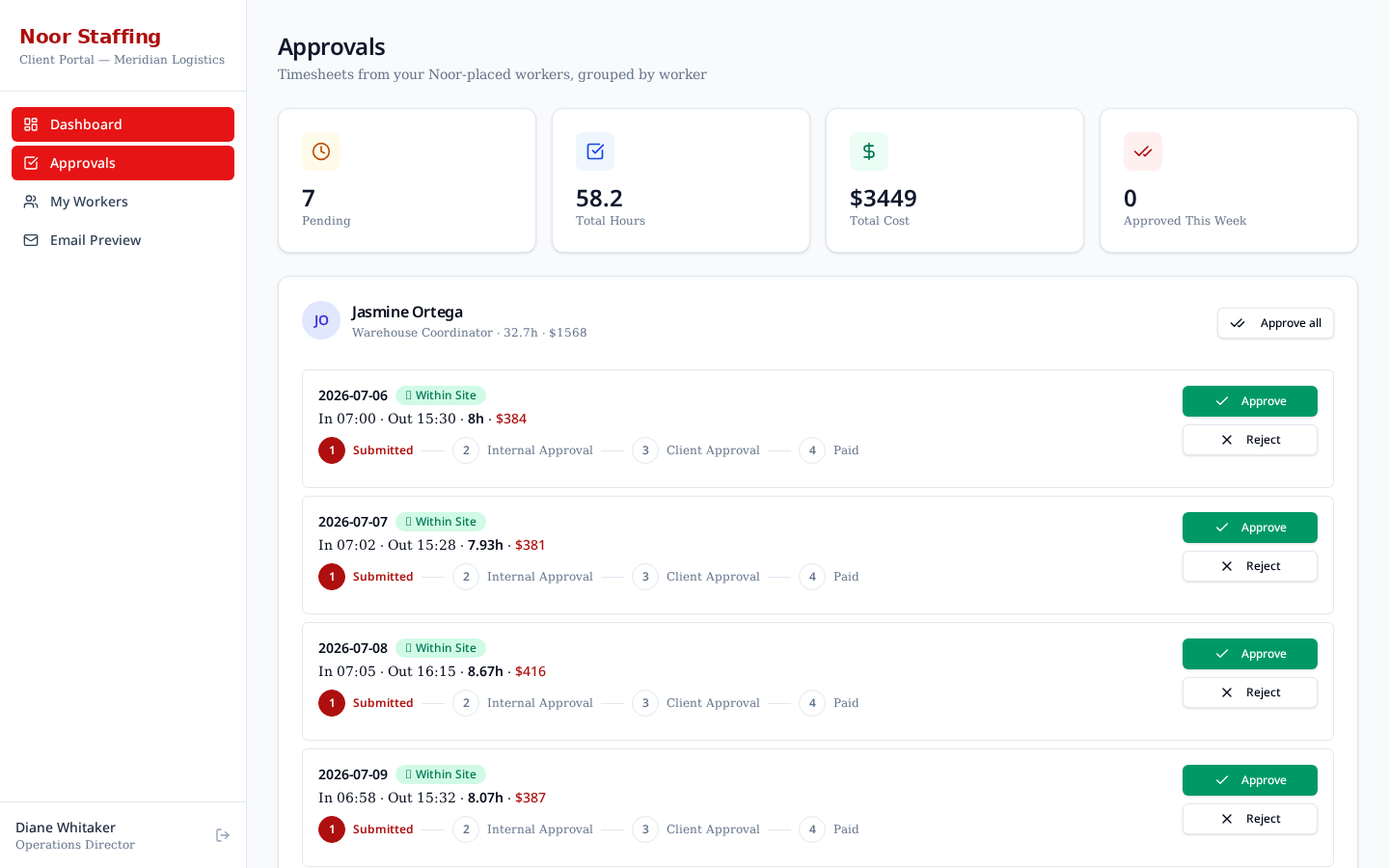 Client-side approvals — bulk approve worker time