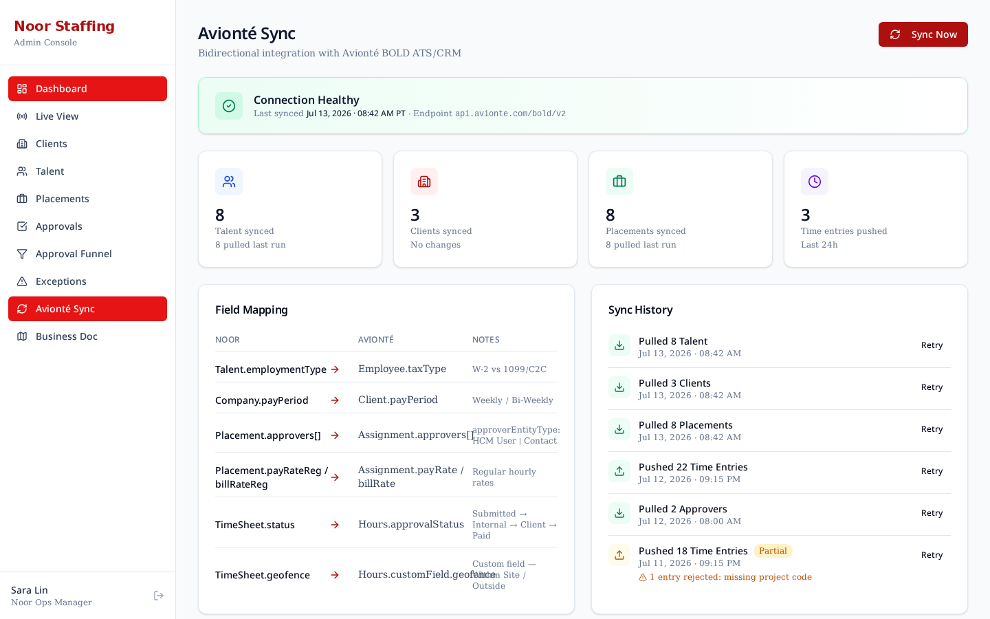 Avionté sync log — mocked field mappings and last successful push