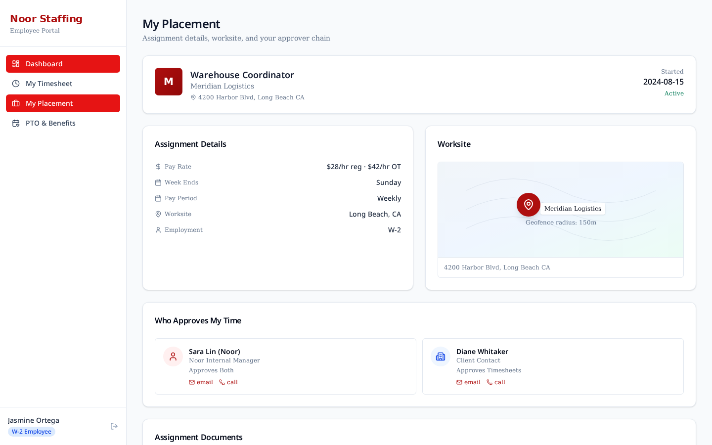 Talent's own placement detail — client, rate, approver chain