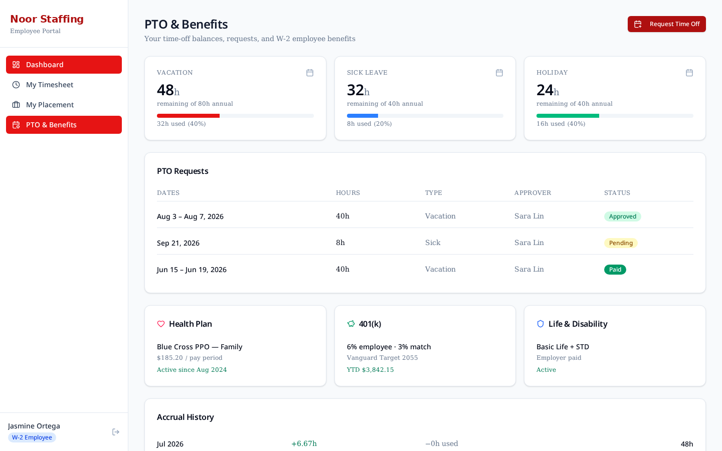 PTO balances and request form for W-2 employees